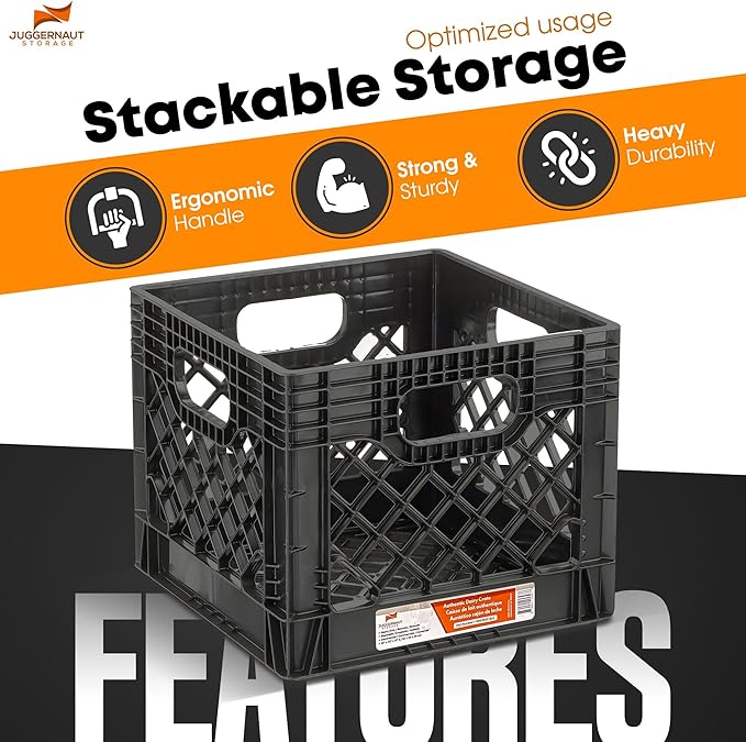 Juggernaut Storage 2-Pack Stackable Heavy Duty Milk Crates with Handles, 16 Qt, Black - Organizing Plastic Crate Basket for Grocery Shopping, Home Supplies, and Bathroom Accessories