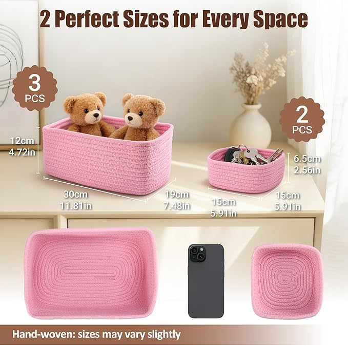 5-Pack Small Woven Rope Storage Baskets – 2 Sizes Organizer Bins for Closet, Shelf, Bookshelf, Nursery, Changing Table, Fabric Cube Boxes, Rectangular Shallow Bins for Bathroom, Toy & Home