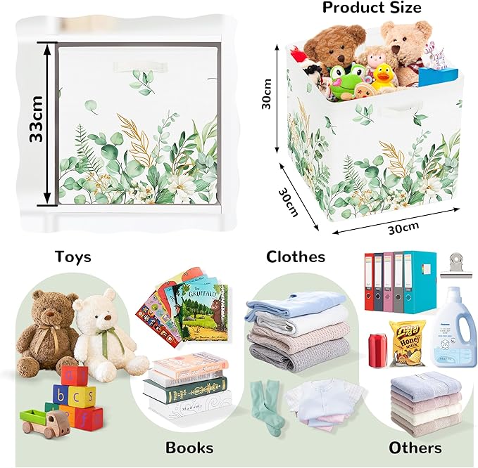 Clastyle 3 pcs Leaf Women Cube Storage Unit Boxes Foldable Kallax Box for Shelves Ladies Girls Storage Baskets for Book Clothes Toy Organizer, Green, 11.8x11.8x11.8 in