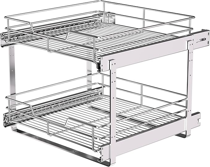 JOWBOOW 2-Tier Pull Out Cabinet Organizer (17" W x 22" D), Pull Out Shelves and Drawer for Kitchen Pantry Storage Basket, Heavy-Duty Metal Sliding Shelf, Chrome Finish