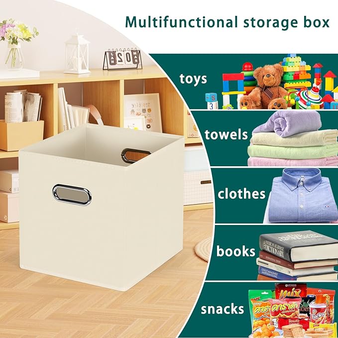 Foldable cube storage bins, Fabric Storage Box Cubes Organizer Baskets with Dual Handles for Home Organizer,Nursery,Shelves,Closet,Set of 12,(Creamy-White)