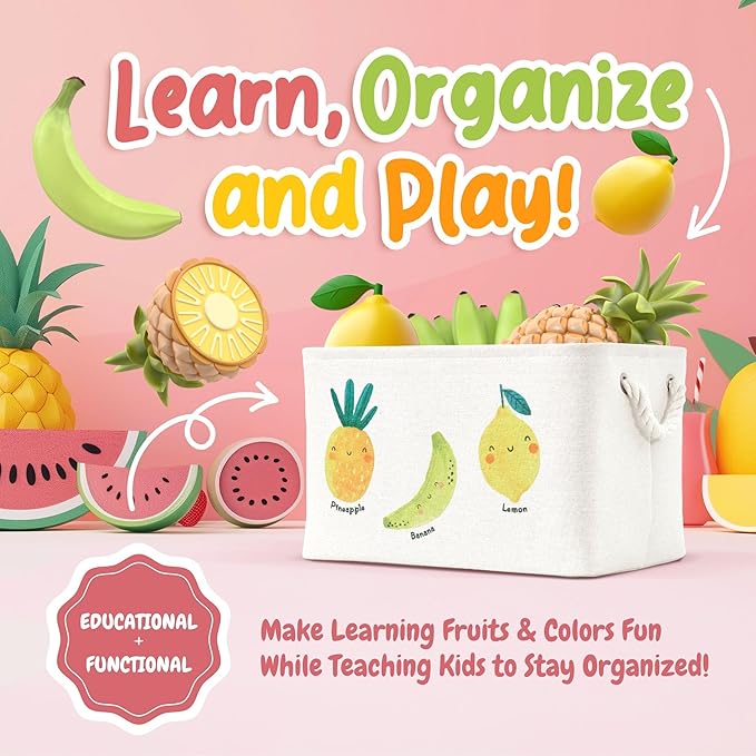 DECOMOMO Toy Storage Baskets for Shelves - 25.5L Kids Storage Bin for Nursery Décor, Baby, Laundry, Toys (Fruit Print, Large - 3 Pack)