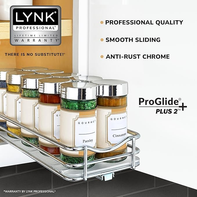 LYNK PROFESSIONAL® Pull Out Spice Rack Organizer for Inside Kitchen Cabinets - 4-3/8 inch Wide - Slide Out Drawer – Chrome Sliding Spice Organization for cabinet - Spice Racks - 1 Tier