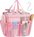 F-color Mesh Shower Caddy Portable, Upgrade Deeper 7 Pockets Shower Bag Basket Tote for College Dorm Room Toiletry Bathroom Essentials Gym Camp Quick Dry 2 handles with S Hook, Pink
