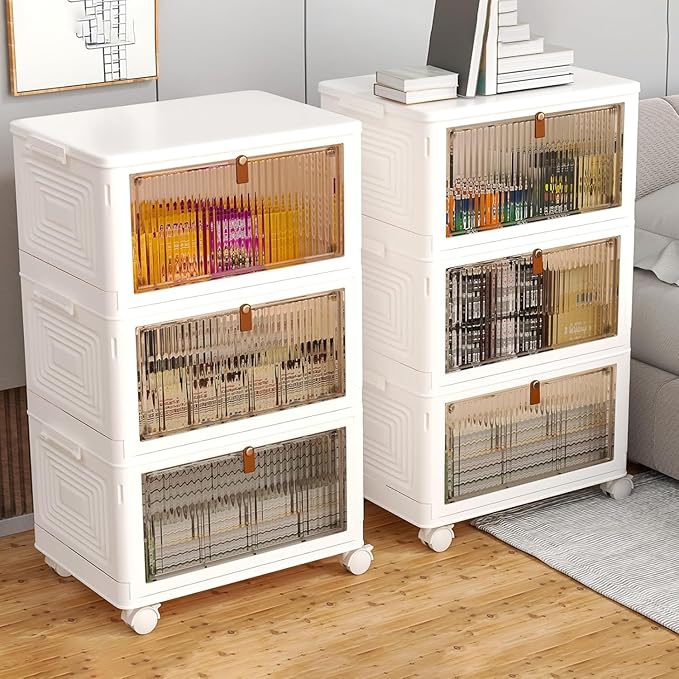 3 Tier Plastic Storage Bins with Lids 35QT, Stackable Storage Containers with Wheels, Folding Storage Boxes, Extra Large Collapsible Storage Bins, White