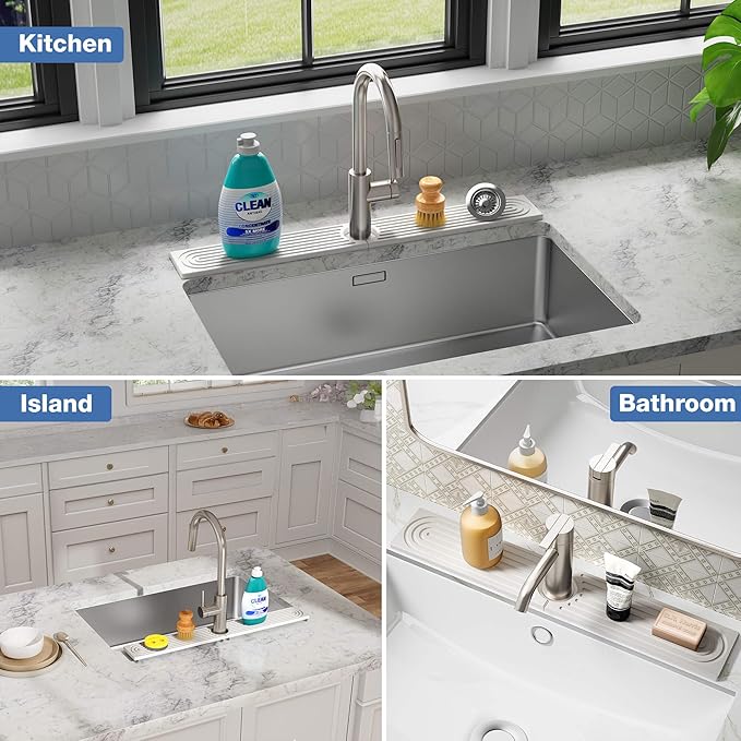 DK177 Diatomite Fast Drying Faucet Mat for Kitchen Sink, Water Absorbing Stone Tray, Faucet Splash Guard for Bathroom Counter, White, 23.6" x 4"