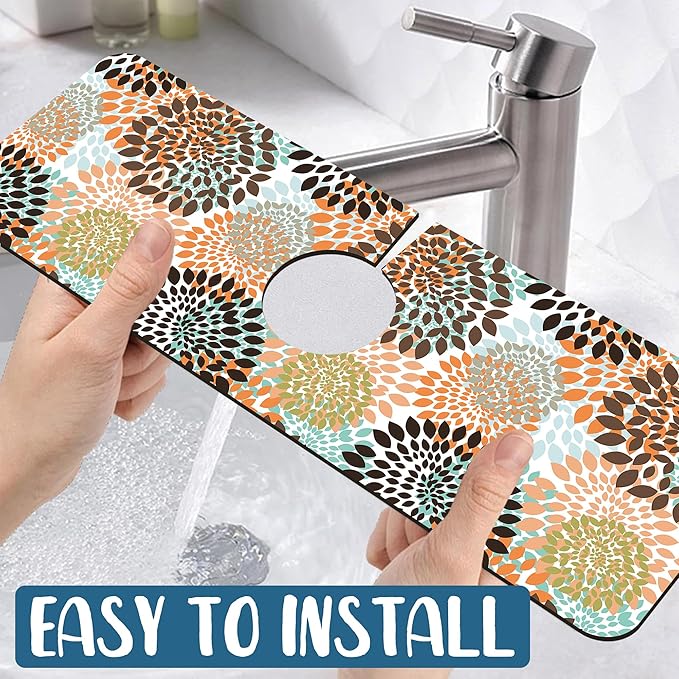 Vintage Flowers Kitchen Sink Splash Guard Faucet Mat Abstract Floral Super Absorbent Fast Drying Mat Sink Splash Guard Behind Faucet for Kitchen Bathroom, 15.5"x5.5"