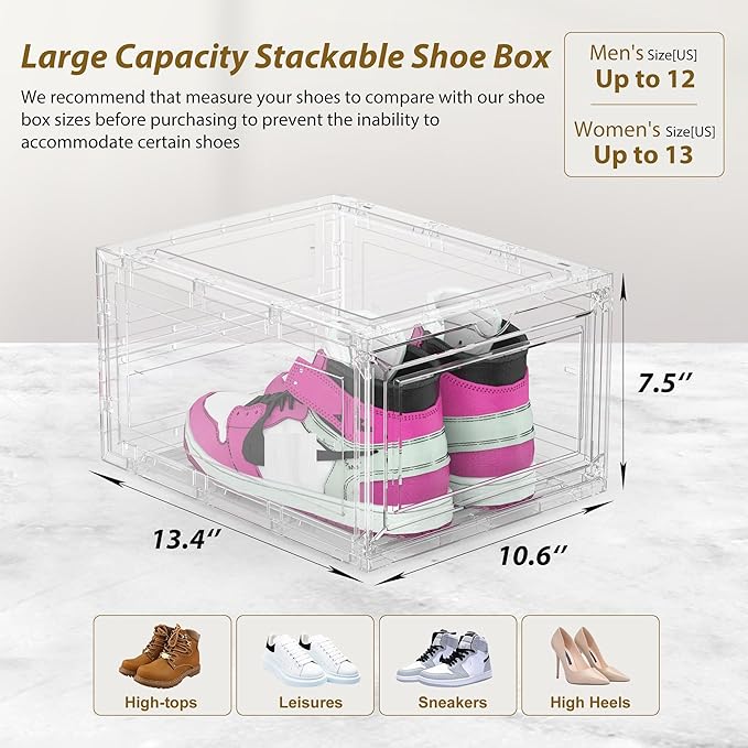 JWQ 10 Pack XX Large Thicken Sturdy Hard Plastic Clear Stackable Shoe Storage Boxes for Size 12, Sneaker Shoe Rack Containers Holders Bins Display Case Organizer for Closet, White