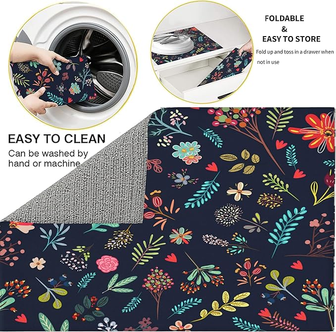 Set of 3 Colorful Flowers and Leaves Dish Drying Mat & Kitchen Sink Splash Guard Faucet Mat For Kitchen Counter Absorbent Microfiber Dishes Pad Dish Drainer Rack Mats Fast Dry Kitchen Accessories