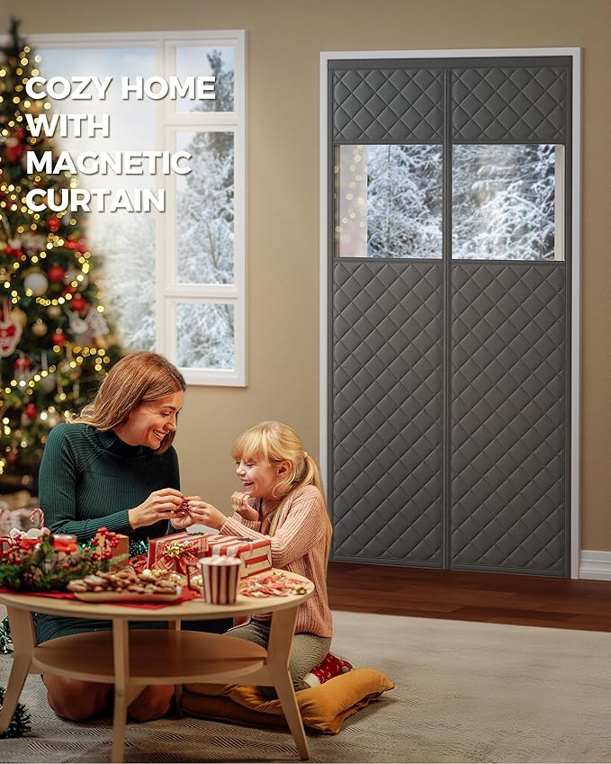 Magnetic Thermal Insulated Door Curtain Fits Door Size 32" x 80", Oxford Cloth Thicken Cotton Fiber Filled, Self-closing Screen Insulation Cover Keep Warm in Winter, with Clear Windows, Grey
