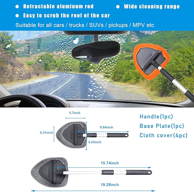 Ziciner Car Windshield Cleaner, Microfiber Auto Cleaning Wiper with Aluminum Extendable Handle and 2 Washable Reusable Cloth Pad Head, Universal Vehicle Interior Exterior Cleaner Kit (Orange-Triangle)