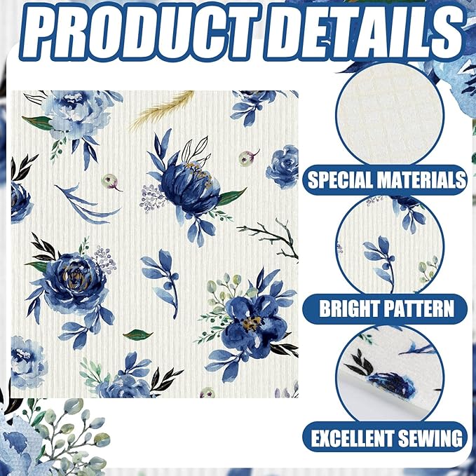 Sunnyray 12 Pcs Swedish Kitchen Dish Towels Dishcloth Reusable Sponge Cleaning Cloth Kitchen Towels Absorbent Washable Dish Cloth Drying Hand Towel(Blue, Watercolor Flower)
