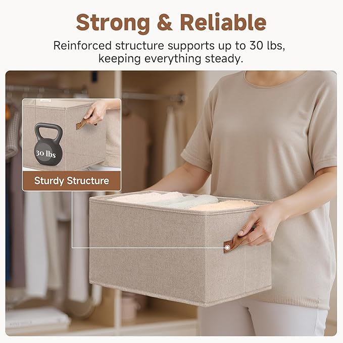 StorageWorks Foldable Storage Bins, Closet Organizer Bins for Clothes, Linen Closet Organizers and Storage, Shelf Baskets for Organization, Brown & Beige, 3-Pack, Large