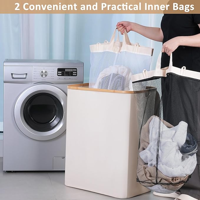 150L Laundry Basket with Lid, Large Laundry Hamper with Bamboo Handle, Collapsible Dirty Clothes Hamper Organizer with 2 Removable Inner Bags for Clothes Toys Towels - Beige
