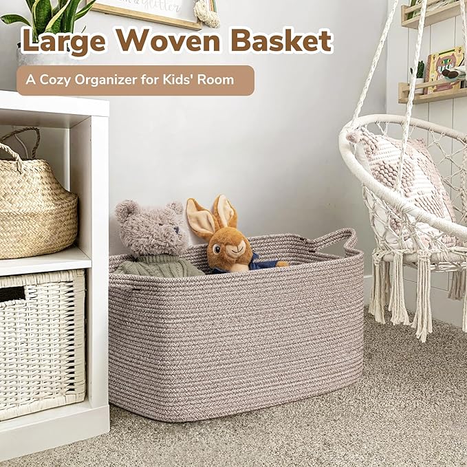 Goodpick Large Woven Storage Basket, 21.6" x 14.9" x 11.8" Blanket Basket for Living Room, Bedroom, Rectangle Rope Storage Organizer for Clothes, Toys, Brown