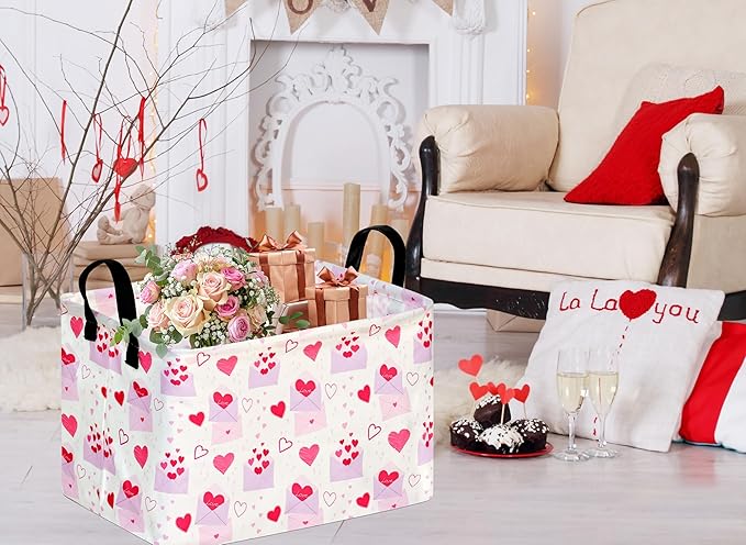 Empty Gift Basket for Girls Heart Print Storage Cube for Women, Closet Shelf Waterproof Organizer Bins with Handles Nursery hamper Kids Toys Books Box Room Deco