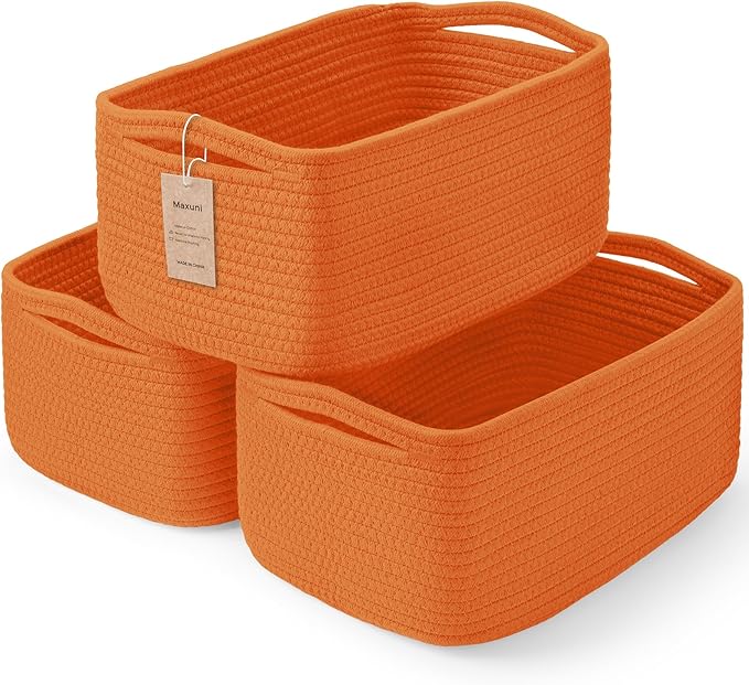 3-Pack Small Storage Baskets for Organizing | Woven Shelf Toy Basket | Rope Baskets for Gifts Empty | Closet Organizer Bins with Handles | Cube Decorative Box | 11.8×7.8×5.1” | Orange