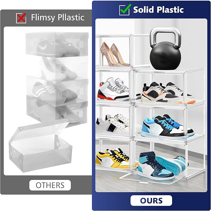 EDS FAM 12 Pack Clear Shoe Boxes for Sneakers, Size 12 Acrylic Shoe Storage Under Bed Stackable Handbag Organizer with Magnetic Lid Collection Acrylic Display Case