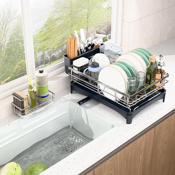 Dish Drying Rack, 304 Stainless Steel Dish Racks for Kitchen Counter with Cutlery Holder & Sponge Holder, Large Dish Drainer with Removable Drainboard, 11.8''W x 16.7''L (Stainless Steel)