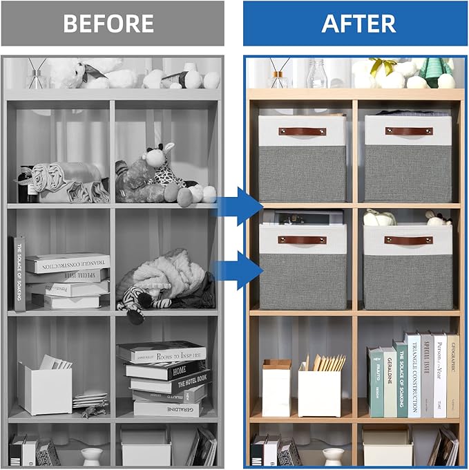 Temary Cube Storage Bins 4 Pack Storage Cubes 11ﾗ11 Fabric Storage Bins Foldable Cube Storage Baskets with Handles, Collapsible Storage Basket for Shelf (White & Grey, 11 x 11 x 11)