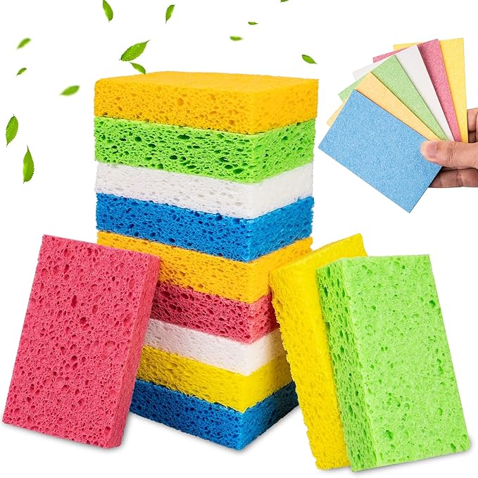 12 PCS Kitchen Sponges, Natural Compressed Cellulose Sponges, Non-Scratch Reusable Sponges for Kitchen Dish Washing, Scrub Sponge for Cleaning, Bathroom, Cars, Cut-Outs DIY
