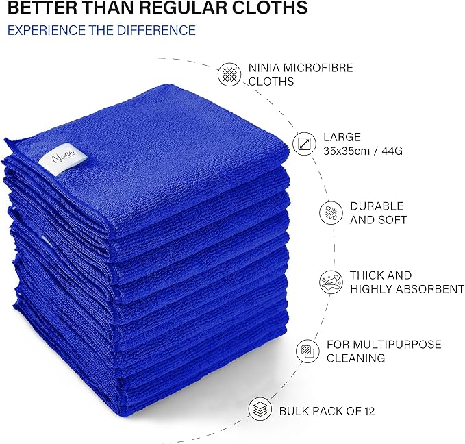 Ninia Blue Microfiber Cloth 12 Pack 35x35 cm, Thick & Absorbent Reusable Towels for Car Detailing Stainless Steel Polishing Electronics Dish Cloths Lint Free Cleaning Rags Glass, Kitchen & House