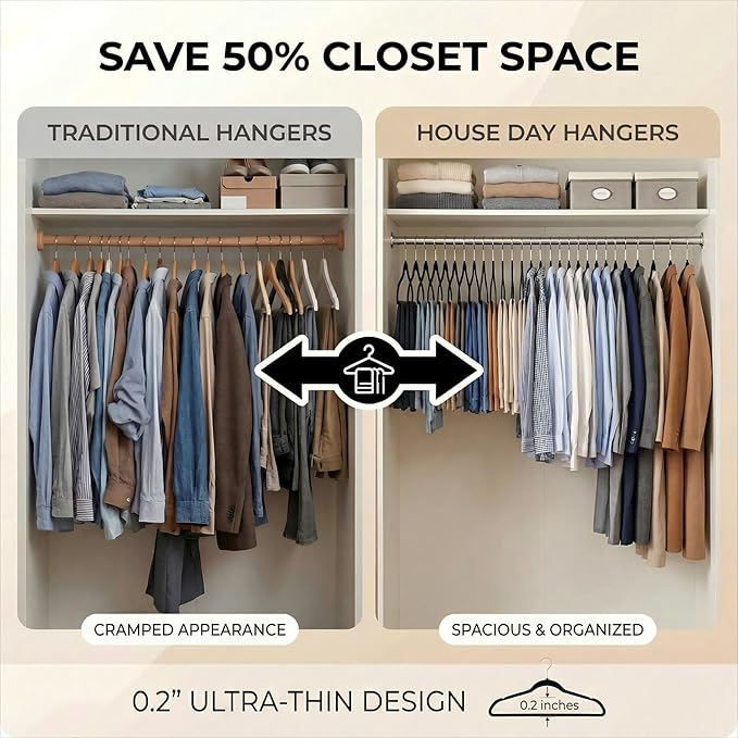 HOUSE DAY Black Plastic Hangers 20 Pack - Heavy Duty Non-Velvet Hangers with 360° Swivel Chrome Hook & Non Slip Notches - Slim Space Saving Clothes Hangers Ideal for Dresses Coats Shirts Jackets