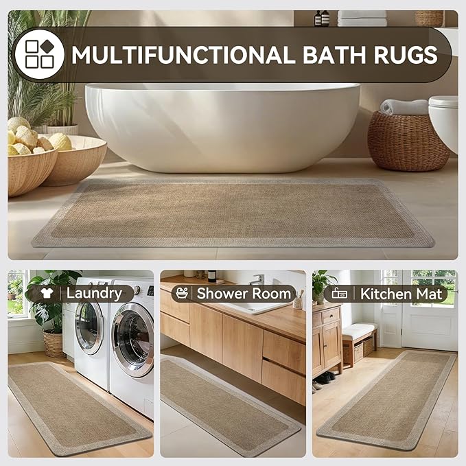 YDKGL Bathroom Runner Rug, Thin Bath Mat Bathroom Rugs Non Slip Washable, Rubber Backing Quick Dry for Floor, Tub and Shower, Brown Beige 17x47