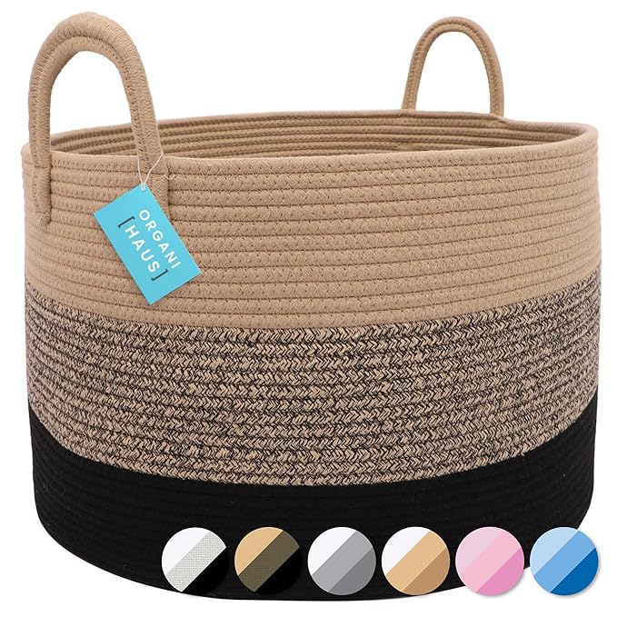 OrganiHaus Large Woven Storage Basket for Blankets and Toys 20" x 13" Inch, Rope Laundry Basket with Handles, Cushions & Pillows Storage Bin, Nursery Hamper, Soft Round Dog Toy Bin - Brown/Black
