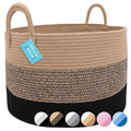 OrganiHaus Large Woven Storage Basket for Blankets and Toys 20" x 13" Inch, Rope Laundry Basket with Handles, Cushions & Pillows Storage Bin, Nursery Hamper, Soft Round Dog Toy Bin - Brown/Black