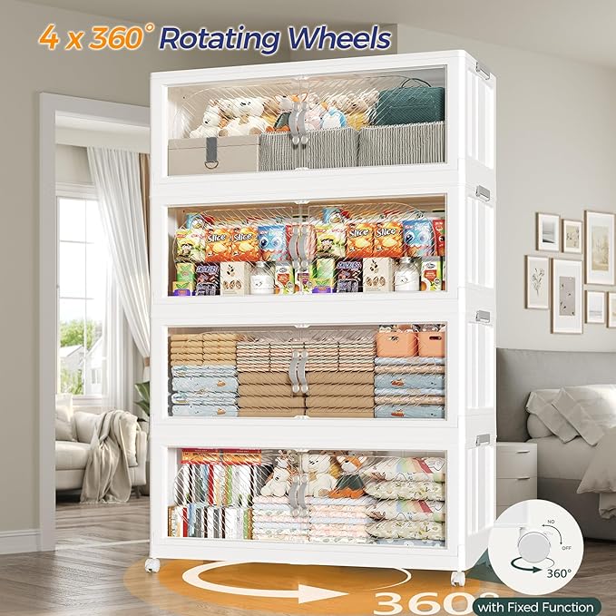 360QT Extra Large Stackable Storage Bins with Lid, 90Gal Plastic Closet Organizers and Storage Drawer, Collapsible Cabinet Box with Wheels Clear Doors for Home Kitchen Office, 3Pack White