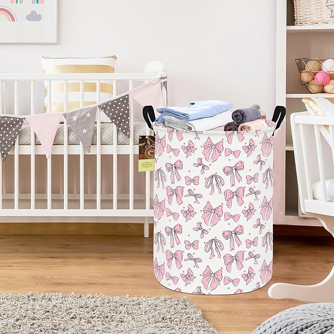 HUNRUNG Laundry Hamper,Large Canvas Fabric Lightweight Storage Basket Toy Organizer Dirty Clothes Collapsible Waterproof for College Dorms（Round-Pink Bow）
