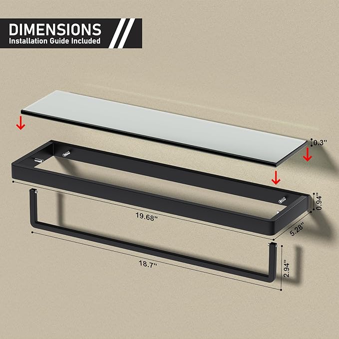 SFGSOWOR Floating Glass Shelves for Bathroom 20-in with Towel Bar/Tempered Glass Rectangular 1 Tier Organizer Shelf (Matte Black, 20'')