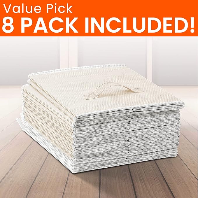 Criusia Large Storage Cubes - 13 Inch Heavy Duty Fabric Storage Bins for Shelves Closet, Cube Organizer - 8 Pack Collapsible Cube Storage Bins Baskets for Organizing Clothes Blankets Toys (Beige)