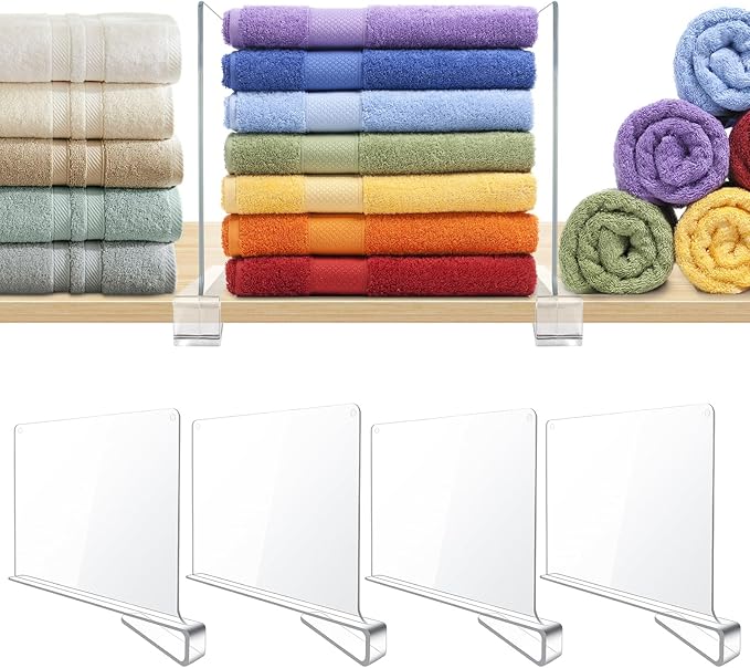 BAUMFEUER 4 Pack Clear Acrylic Shelf Dividers for Closet Shelf Organizer of Bedroom Kitchen Office Bathroom Organizer for Clothes Books Hats and Handbags