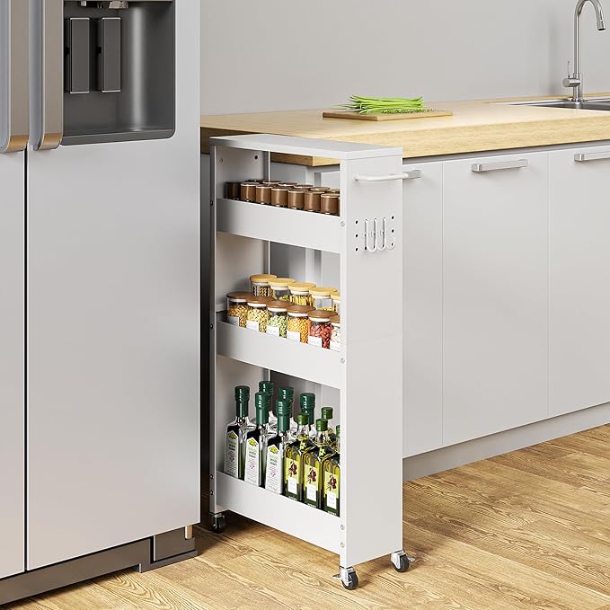Slim Storage Cart, 4 Tier Rolling Kitchen Cart on Wheels for Small Space, Narrow Laundry Bathroom Organizers Mobile Shelving Unit Metal Utility Cart with Handle, 5.9in Width, White