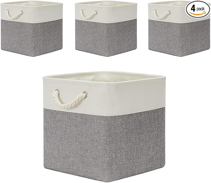 Temary Fabric Baskets 13 Inch Cube Storage Baskets with Rope Handle, Storage Cube Bins Clothes Basket for Gift, Large Storage Bins for Storage Books, Blankets (White&Gray)