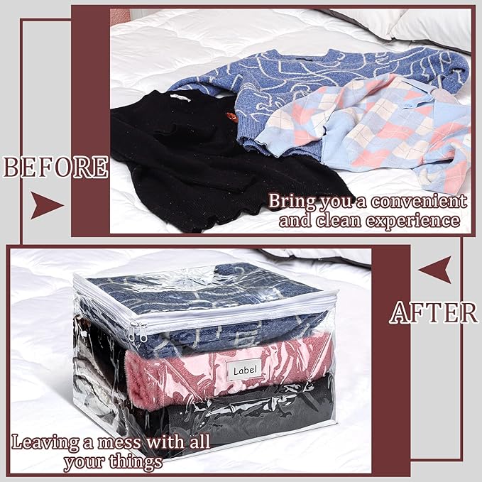 Hoolerry 6 Pieces Sweater Storage Bags Plastic Clear PVC Clothes Storage Bags with Zipper and Label for Blankets Clothes Closet Quilt Pillow Bed Sheet Organizer(12 x 12 x 12 Inch)