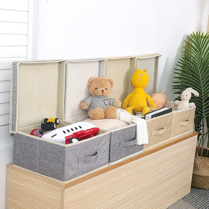 Storage Bins with Lid, Foldable Clothing Storage Box case with Handle for Closet, Bedroom, Home, Gray+Apricot, 13L x 12.5W x 7H inch
