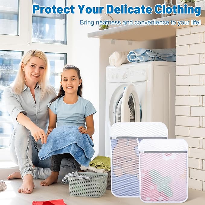 4 PCS Durable Honeycomb Mesh Laundry Bags for Delicates with Zipper, 12" x 16"+16" x 20" Reusable Laundry Bag Mesh Wash Bags for Washing Machine for Clothes, Shoes, Socks, Bra (2M + 2L, White)