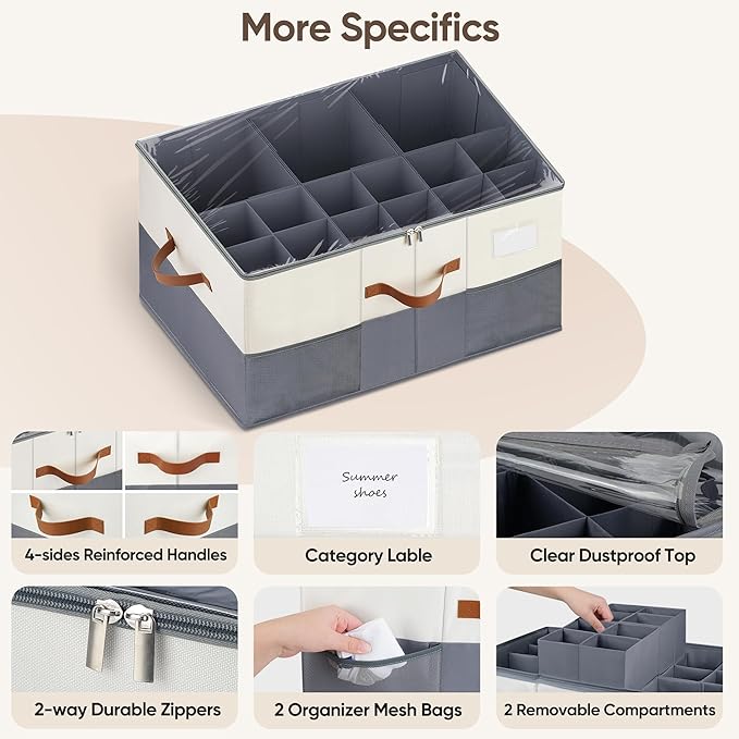 Shoe Organizer for Closet, 2 Pack Shoe Storage Containers with Adjustable Dividers, Space Saving Shoe Box Storage Organizers Bins with Clear Lid & 4 Handles, Fits 24-48 Pairs, Beige & Grey