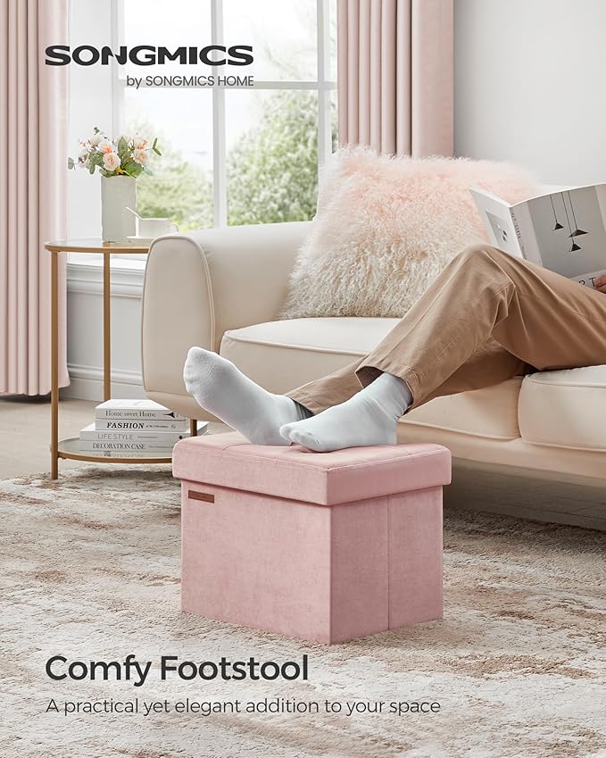 SONGMICS Storage Ottoman, Foldable Small Ottoman Foot Rest, 12.2 x 16.1 Inches Foot Stool, Load up to 286 lb, for Living Room, Bedroom, Dorm, Jelly Pink ULSF200R01