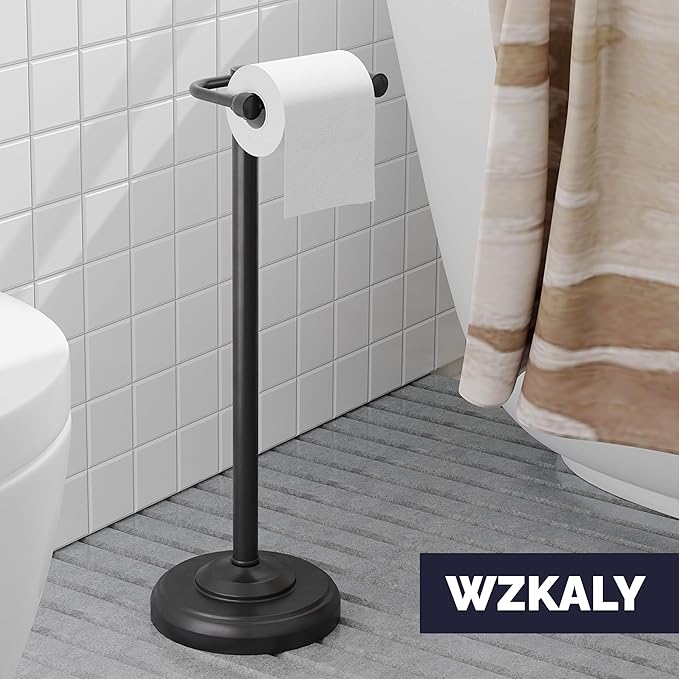 WZKALY Black Toilet Paper Holder Stand, Matte Black Toilet Paper Holder Free Standing, Post Pivoting Design & Stable Weighted Base SUS304 Stainless Steel for Bathroom(Mega Roll)