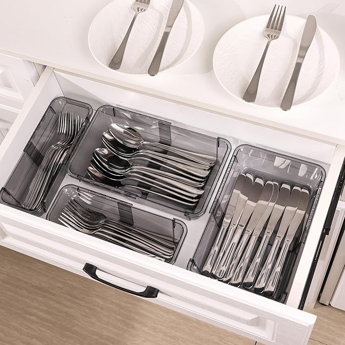 8 Pcs Mixed Extendable Clear Drawer Organizer, All Adjustable Vanity Storage Box, 3-Size Desk Drawer Organizer, Acrylic Storage Bins for Makeup, Bedroom Dressers Tool Organizer for Gadgets, Black