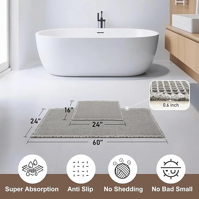 JIUZHEN Set of 2 Waffle Bath Mats Non Slip Waffle Bathroom Runner Rug Washable Boho Runner Bath Rugs Super Absorbent Shower Mat for Bathroom Kitchen Hallway Laundry, 16" x 24" +24" x 60", Grey