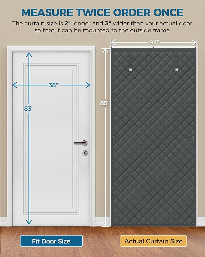 Thermal Insulated Door Curtain Fits Door Size 38 x 83 Inch, Oxford Cloth Thicken Cotton Filled, Curtain Size 41" x 85", Single Piece Door Insulation Blanket Cover for Cold in Winter, Grey