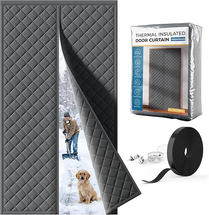 Magnetic Thermal Insulated Door Curtain Fits Door Size 32 x 80 Inch, Insulation Cover for Cold, Oxford Cloth Thicken Cotton Filled Blanket for Front Back Attic Door in Winter, Grey