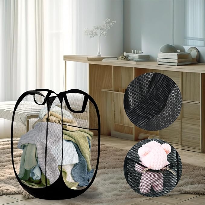 LXLOVESM Pop Up Laundry Hamper, Mesh Laundry Basket Collapsible, Foldable Hamper for Travel and Storage (Black)