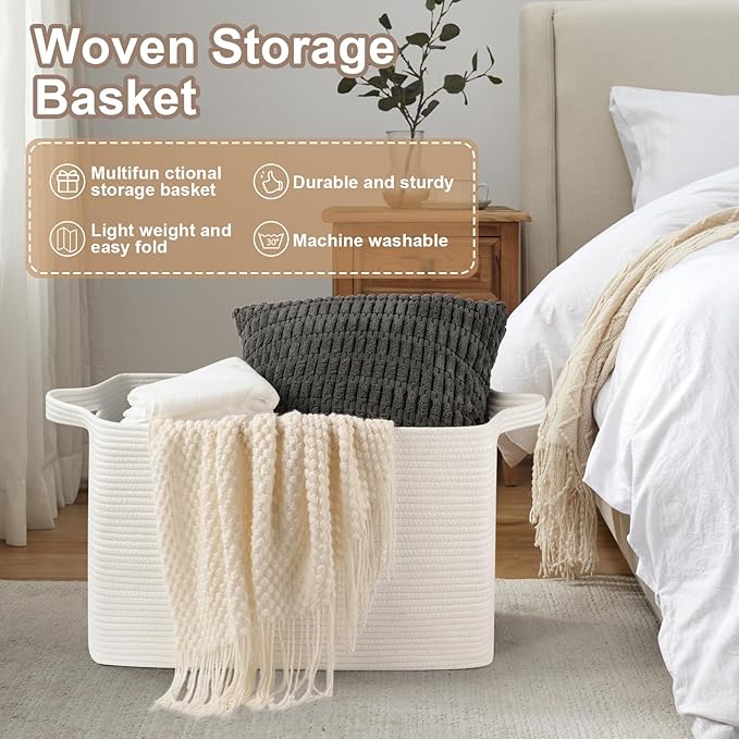 95L Extra Large Blanket Basket, 24" x 16.9" x 14.2" Woven Storage Basket for Living Room, Rectangle Nursery Blanket Storage for Toys, Towels, Dirty Clothes (White)