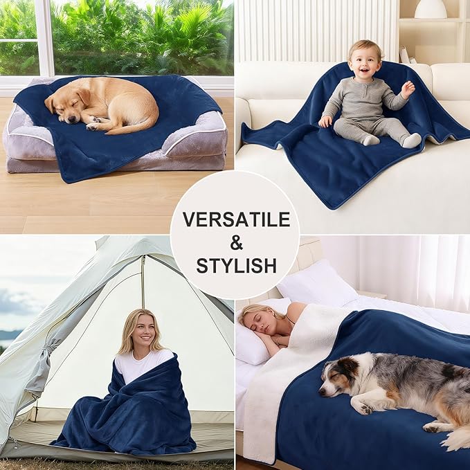 Smiry Waterproof Dog Bed Blanket, Leakproof Pet Throw Blanket for Bed Couch Sofa, Reversible Sherpa Fleece Furniture Protector Cover for Small Medium Large Dogs Cats (Navy Blue, 40x57 inches)